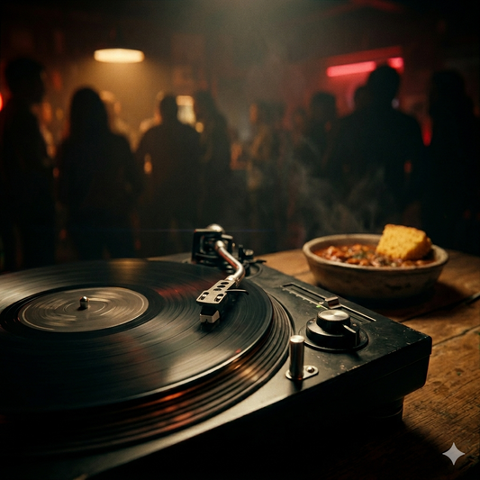 Turntable playing vinyl in a moody listening bar, with comfort food on the table and a crowd enjoying a music night at AAA Vinyl Coffee House & Bar.